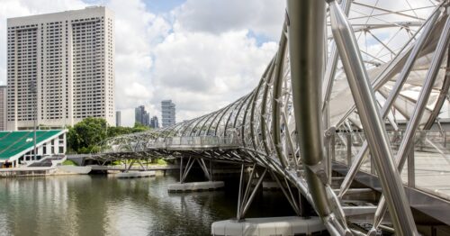 The Helix Bridge standing above the Marina Bay in Singapore. The bridge consists of 650 tons of Duplex Stainless Steel.