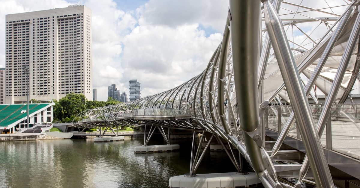 The Helix Bridge standing above the Marina Bay in Singapore. The bridge consists of 650 tons of Duplex Stainless Steel.