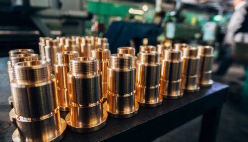 A group of brass-threaded bushings is on a black table in a factory. Lots of machinery is in the background.