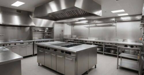 A commercial kitchen, completely kitted with stainless steel appliances and counters. The kitchen looks extremely clean.