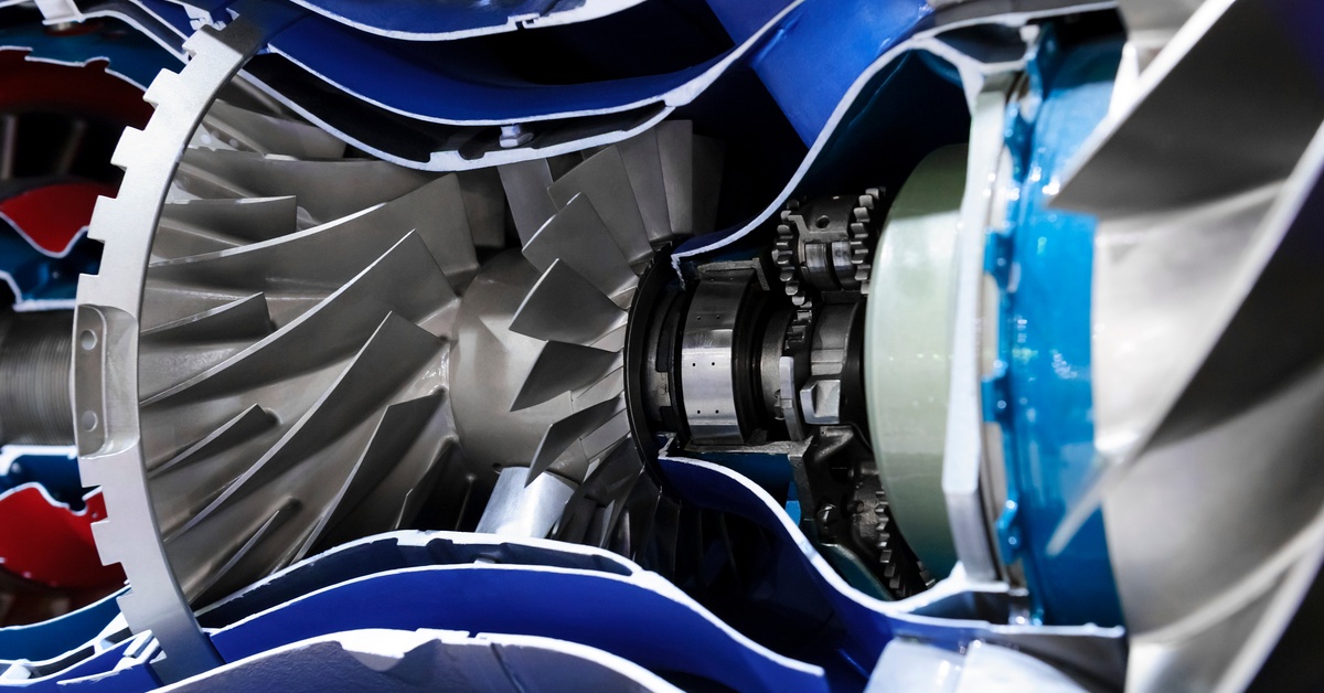 A fighter jet engine cross-section showing turbine blades, bearings, and aerospace hardware all at once.